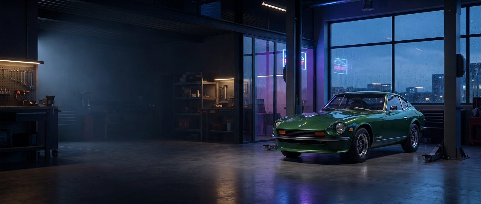 Cinematic workshop hero image with a British Racing Green Datsun 280Z at blue hour